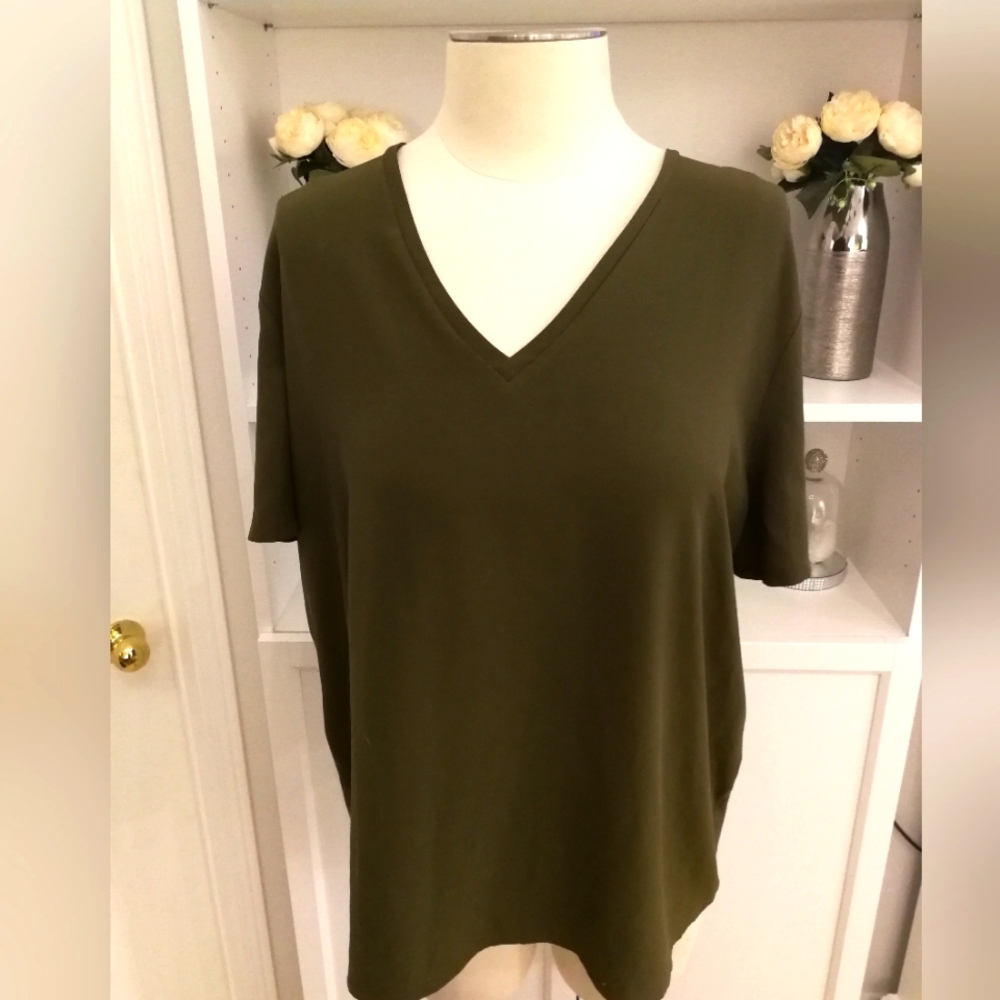 XL Ann Taylor v-neck, short sleeve, lightweight, mixed media olive top